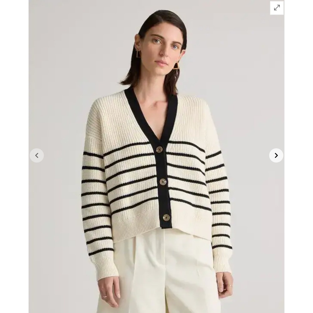 quince organic cotton fisherman boxy cropped cardigan offwhite/black stripe
